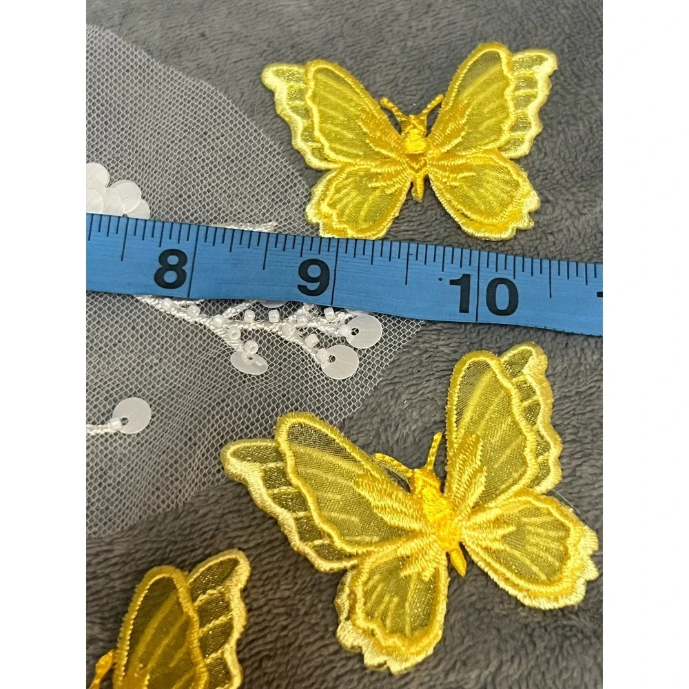 White Sequin Floral Tulle Applique + 6 Yellow Butterfly Patches Bridal Craft